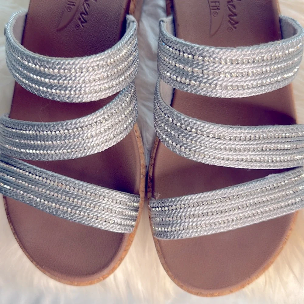 Skechers Silver Rhinestone Slide Wedge Sandals Cork Heel - Picture 3 of 12